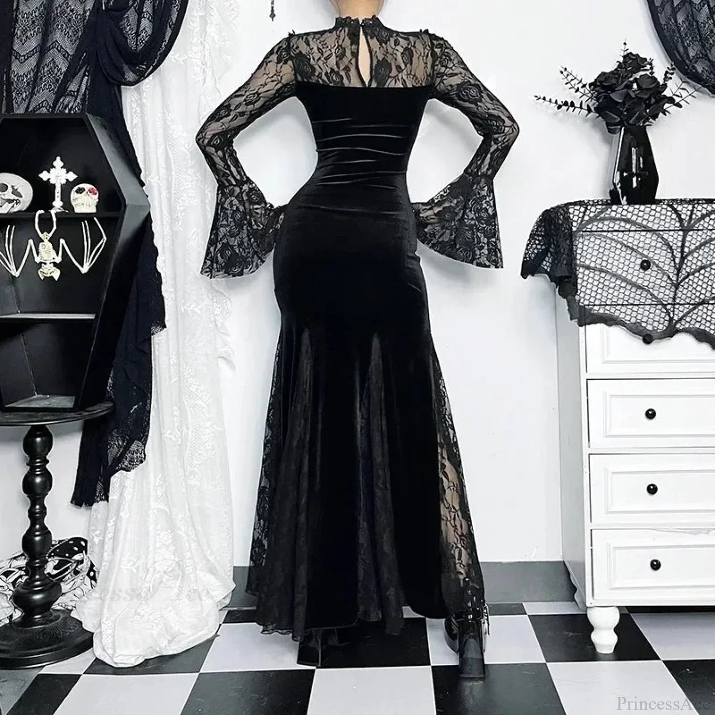 Patchwork Velvet Long Sleeve Midi Dress