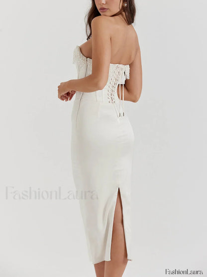 Pearl Decor Graceful Strapless Midi Dress