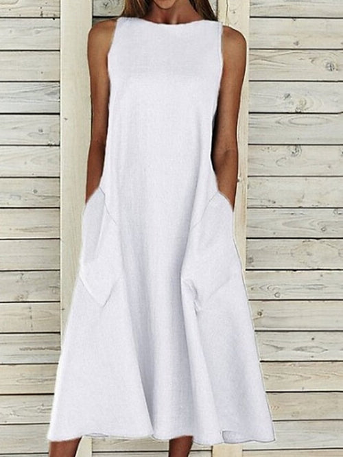 A Line Dress Midi Dress Blue White Gray Yellow Sleeveless Solid Color Pocket Spring Summer Round Neck Basic Hot Loose  S M L XL XXL for Women