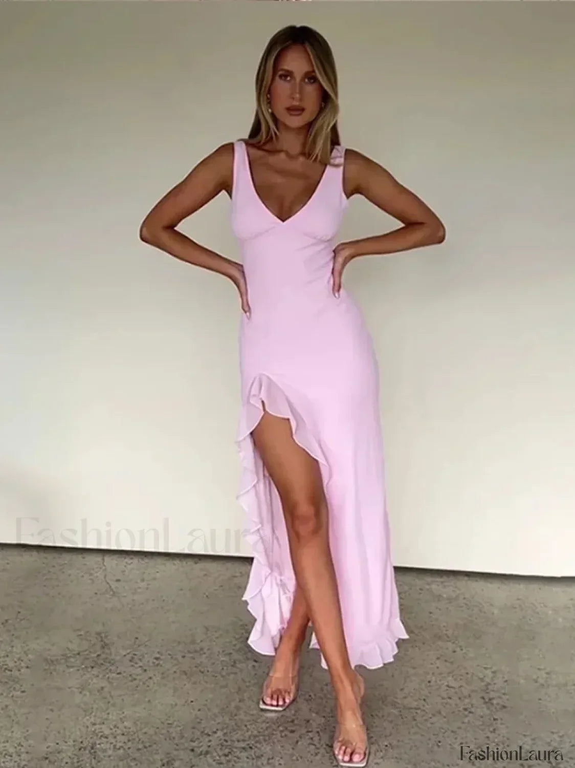 Pink Strappy Slit Midi Dress