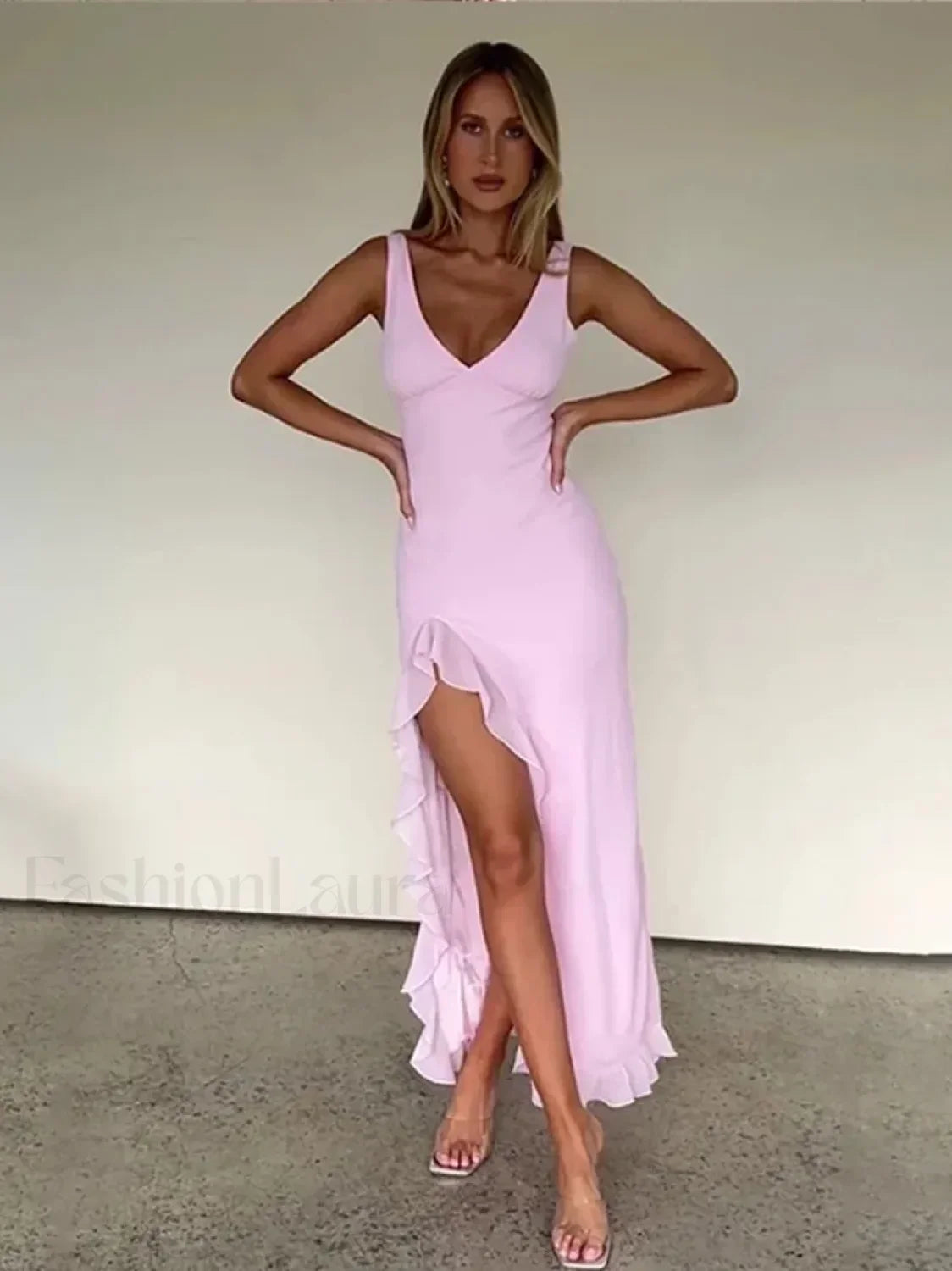 Pink Strappy Slit Midi Dress