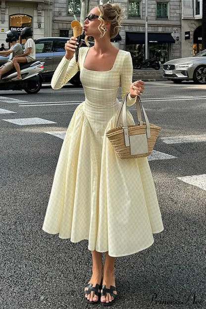 Plaid Flare Sleeve Waist Fitted Square Neck Maxi Dress