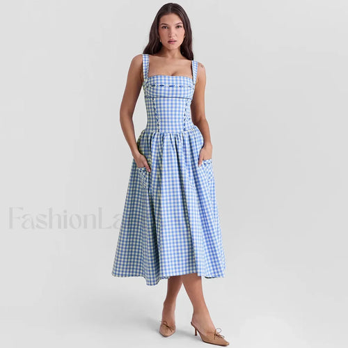 Plaid Pocket Midi Dress