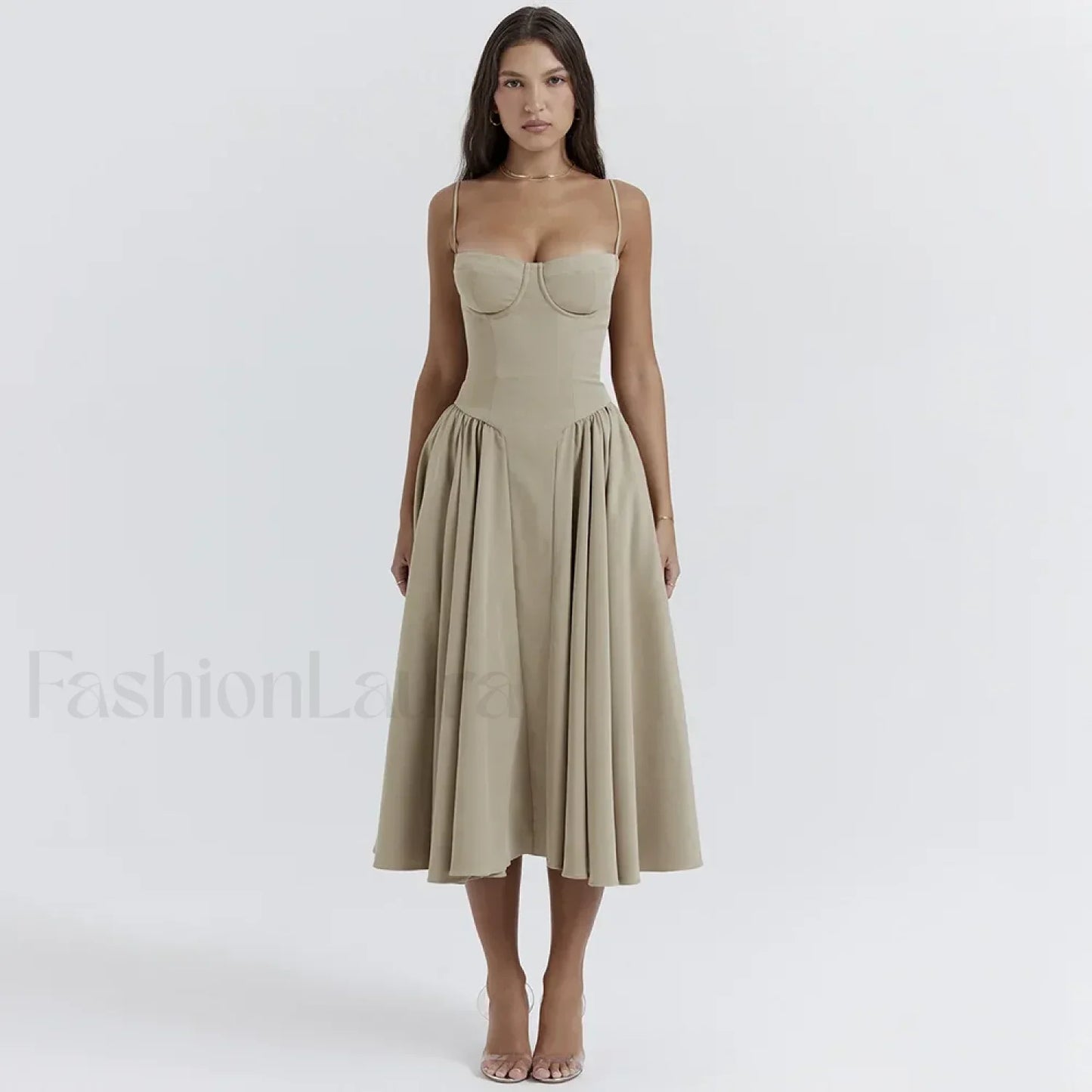 Pleated Spaghetti-Strap Midi Dress