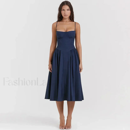 Pleated Spaghetti-Strap Midi Dress