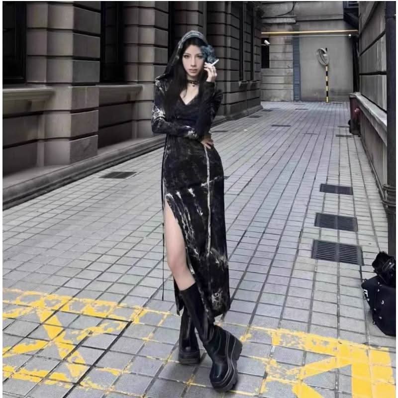 Long sleeve slit tie dye v neck maxi dress  | Festival Outfits Women