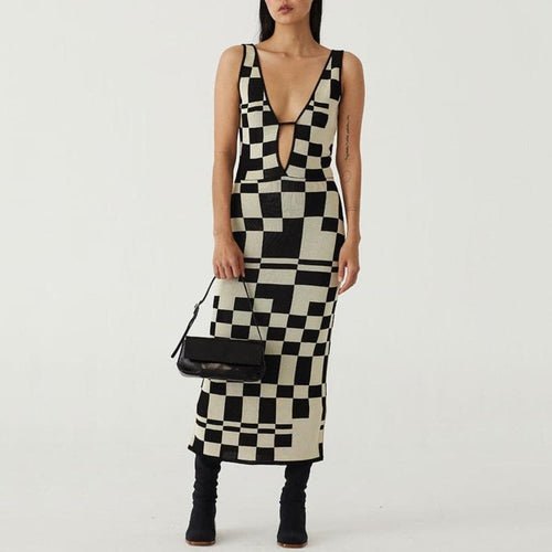DressBetty - Sexy Backless Plaid Print Spaghetti Strap Hollow Out Vestidos Maxi Dress