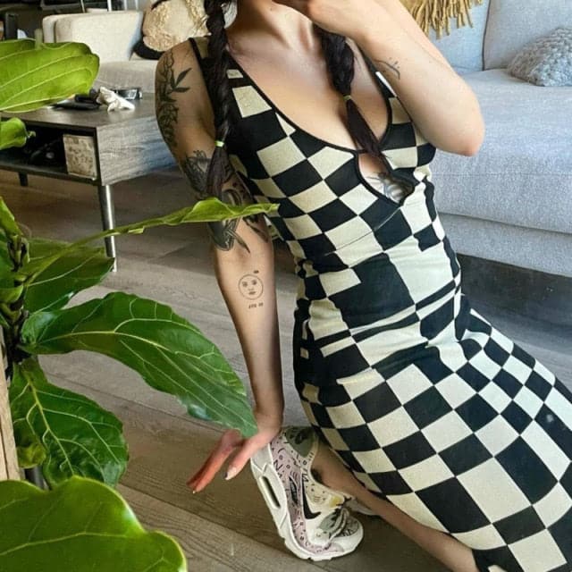 DressBetty - Sexy Backless Plaid Print Spaghetti Strap Hollow Out Vestidos Maxi Dress