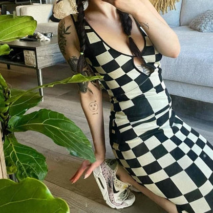 DressBetty - Sexy Backless Plaid Print Spaghetti Strap Hollow Out Vestidos Maxi Dress