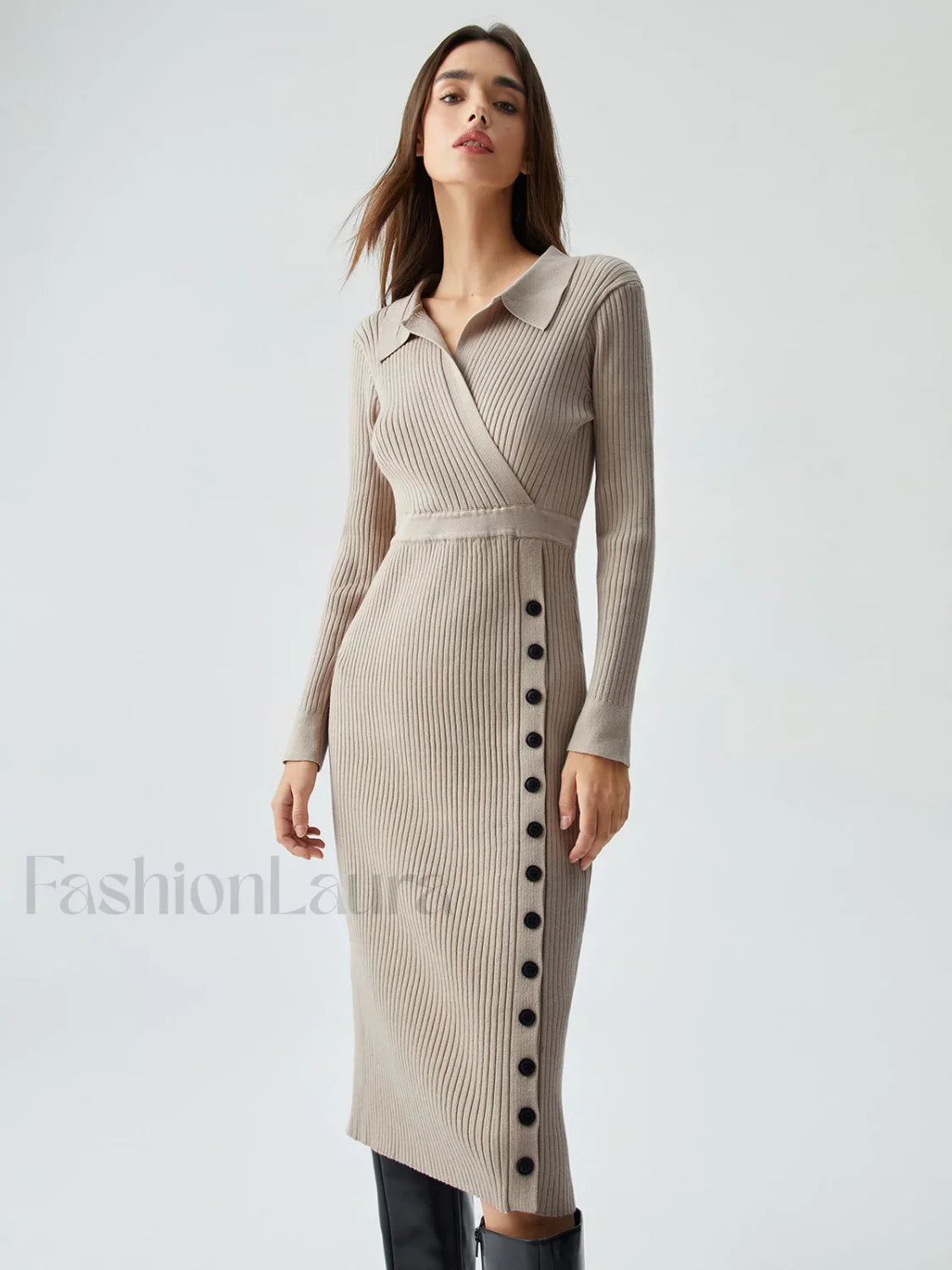 Ribbed Knit Contrast Trim Modern Collared Sweater Midi Dress