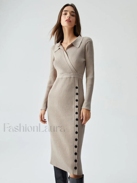 Ribbed Knit Contrast Trim Modern Collared Sweater Midi Dress