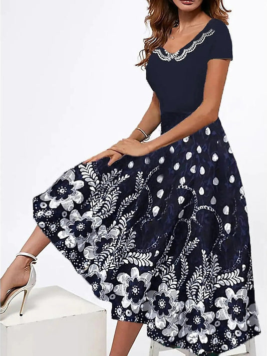 A Line Dress Midi Dress Blue Short Sleeve Print Print Spring Summer V Neck Casual  S M L XL XXL 3XL / Cotton for Women