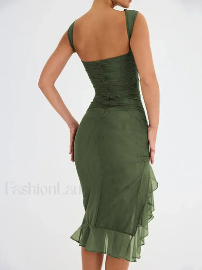 Ruched Irregular Hem Midi Dress