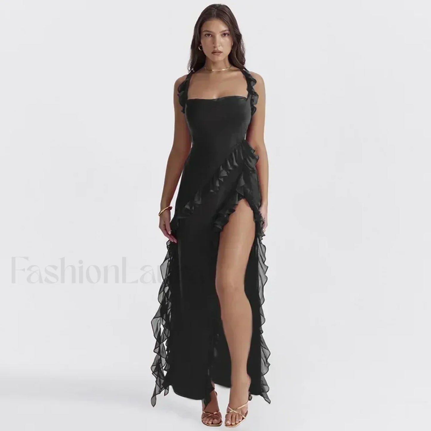 Ruffled Thigh-Split Midi Dress