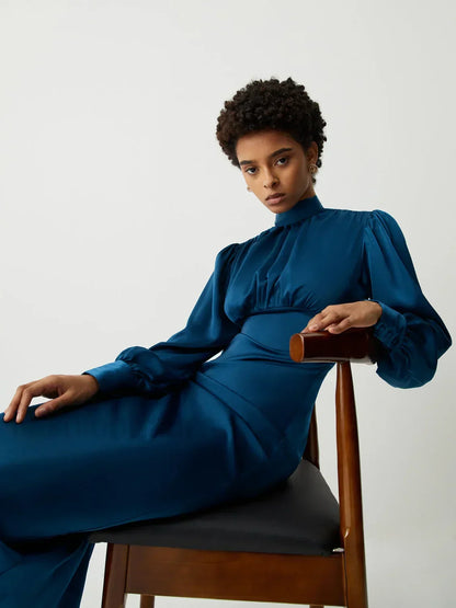 Satin Mock Neck Tie Modern Back Long Sleeve Midi Dress
