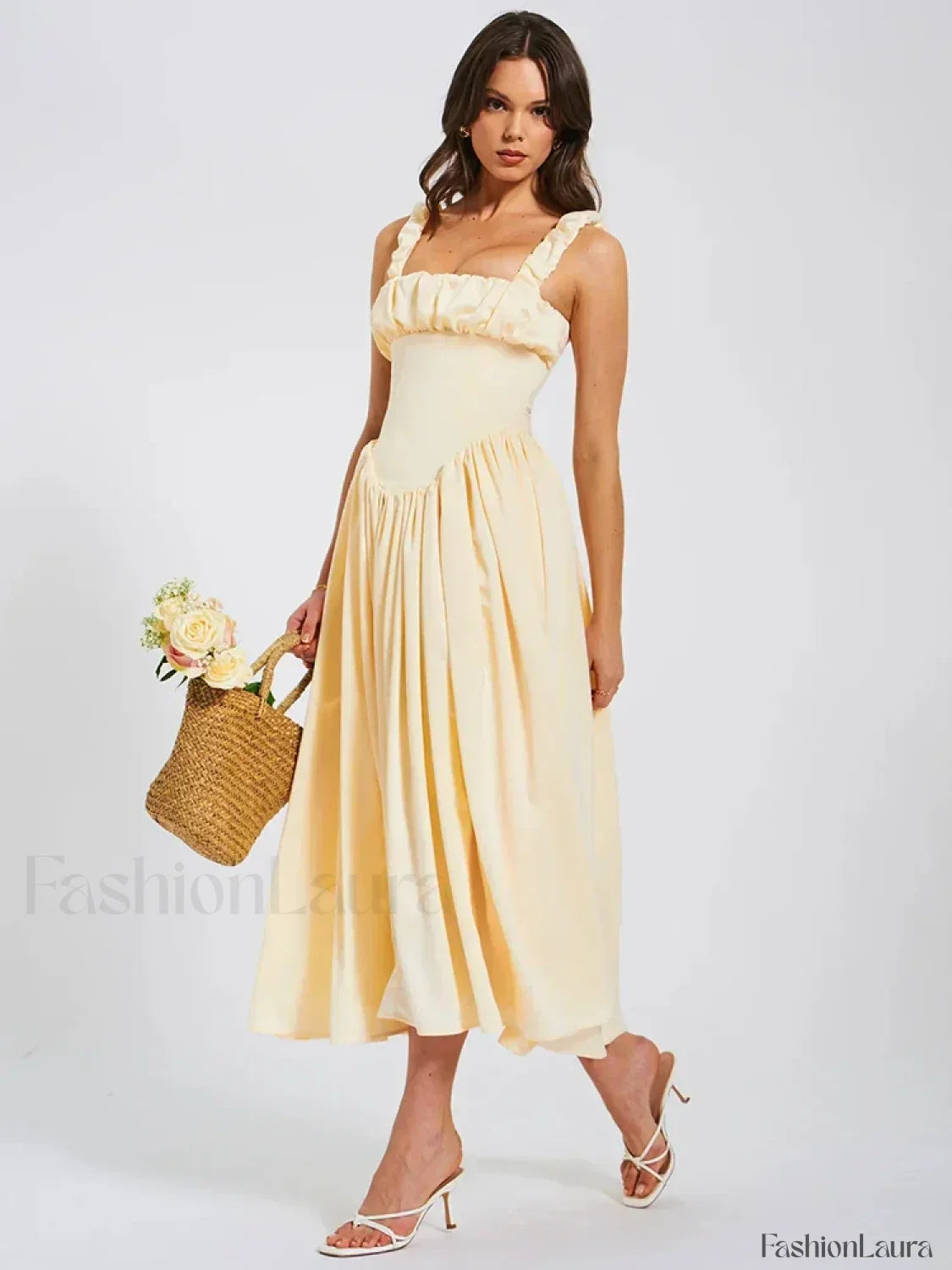 Satin Square-Collar Midi Dress