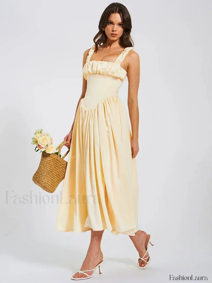 Satin Square-Collar Midi Dress