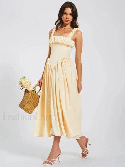 Satin Square-Collar Midi Dress