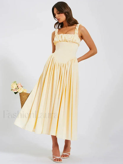 Satin Square-Collar Midi Dress