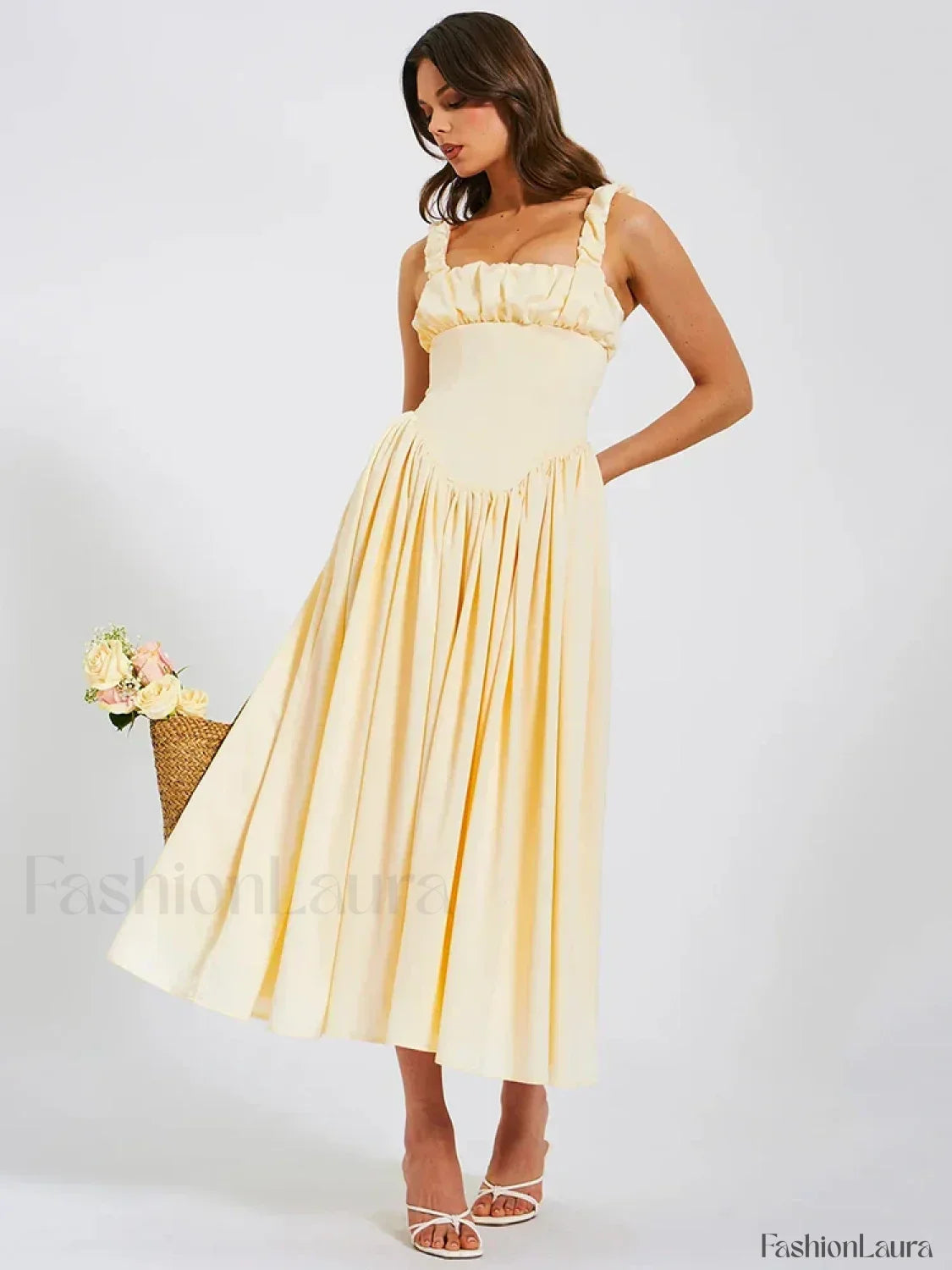 Satin Square-Collar Midi Dress