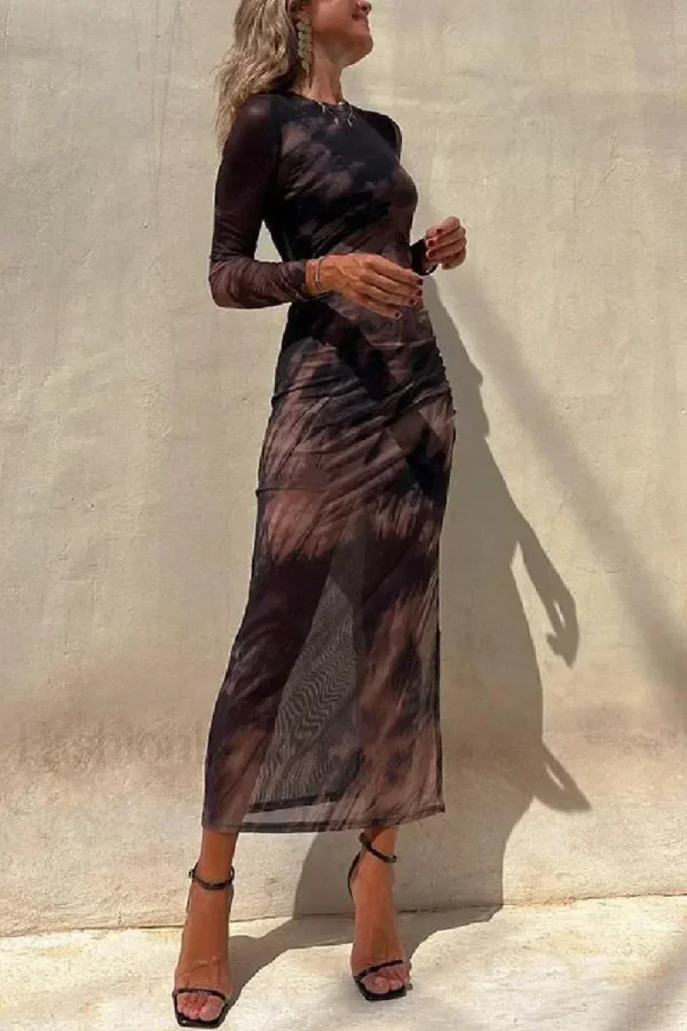 Skinny Mesh Long Sleeve Split Spring/Summer Print Slim Fit Elastic Maxi Dress