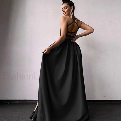 Solid Color High Split Lace Up Back Sleeveless Prom Maxi Dress - Black