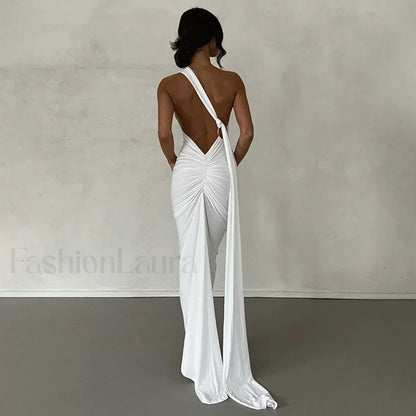 Solid Color One Shoulder Ruched Evening Maxi Dress - Black