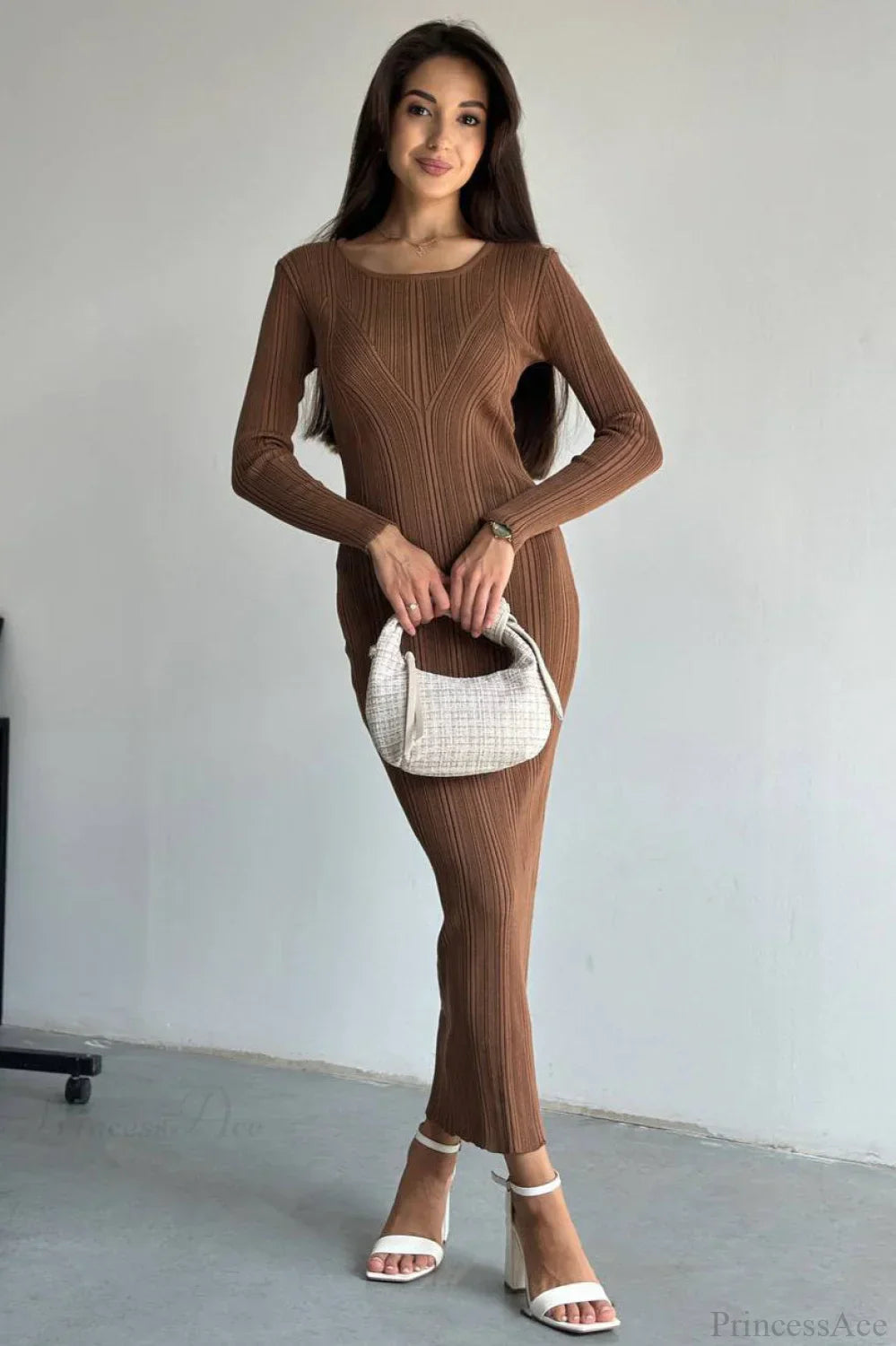 Solid Knit Waisted Long Sleeve Maxi Dress
