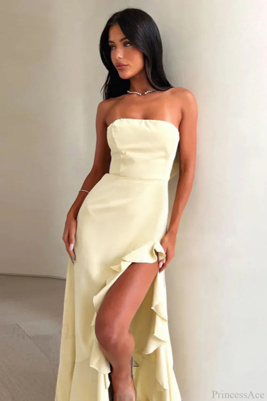 Strapless Ruffled Split Maxi Dress