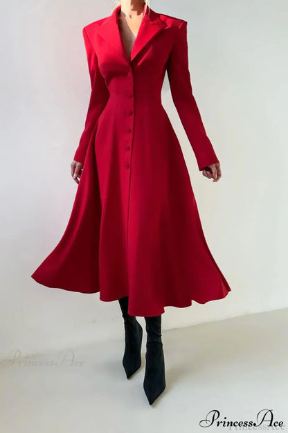 Structured Shoulder Solid Blazer Elegant Maxi Dress