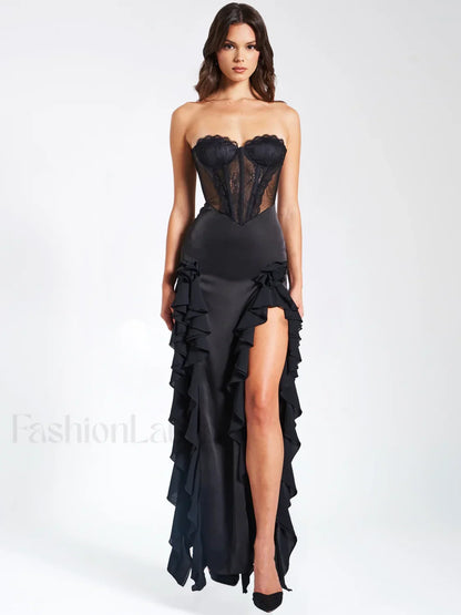 Talia Black Satin Charming Lace Corset Maxi Dress