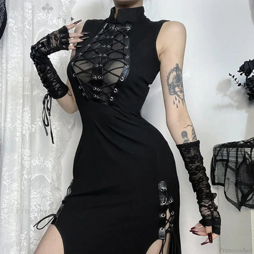 Transparent Patchwork Bandage Hem Midi Dress