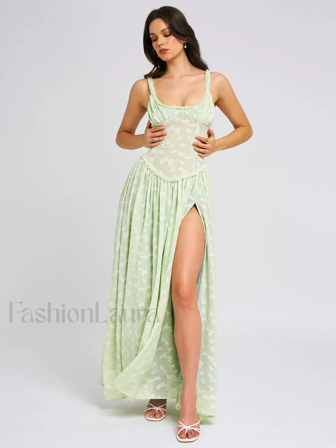 Ulissa Light Green Square Neck Trendy Jacquard Textured High Slit Maxi Dress