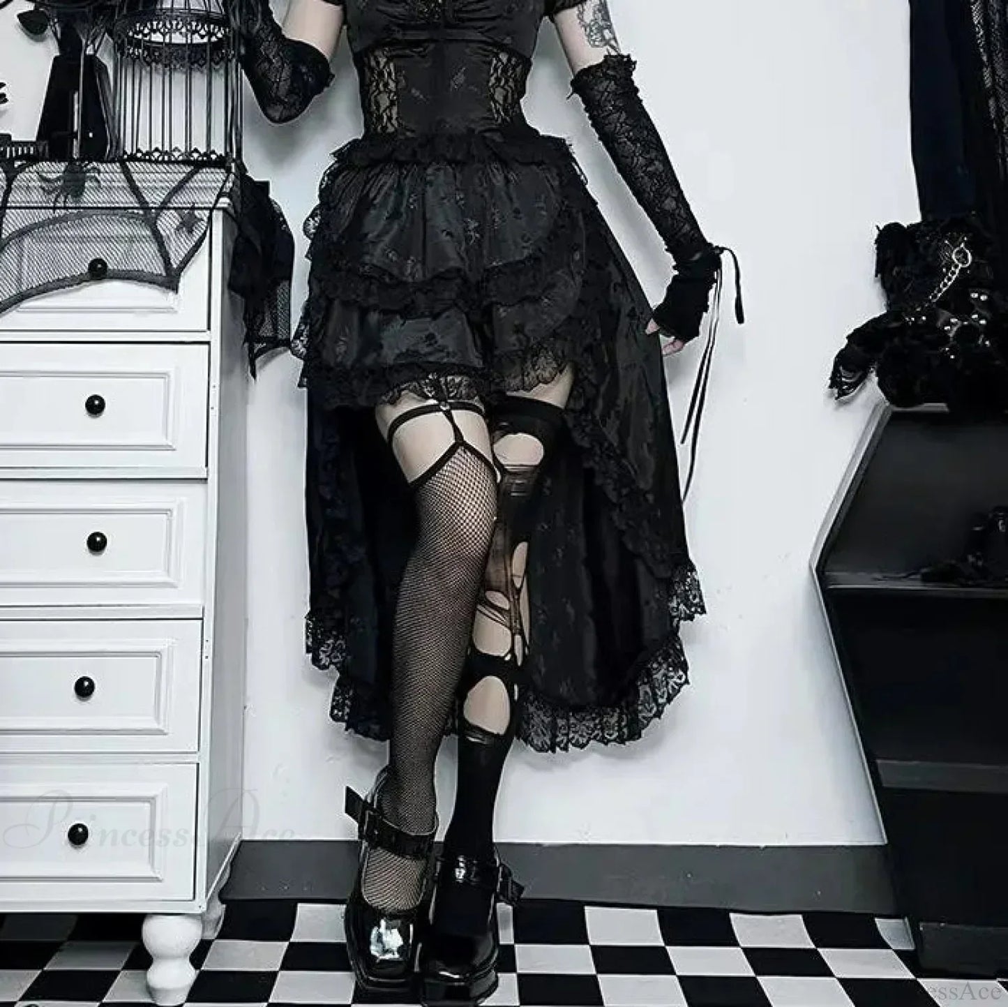 Uneven Folded Lace Black Midi Dress