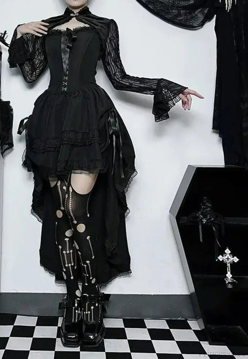 Uneven Folded Lace Black Midi Dress