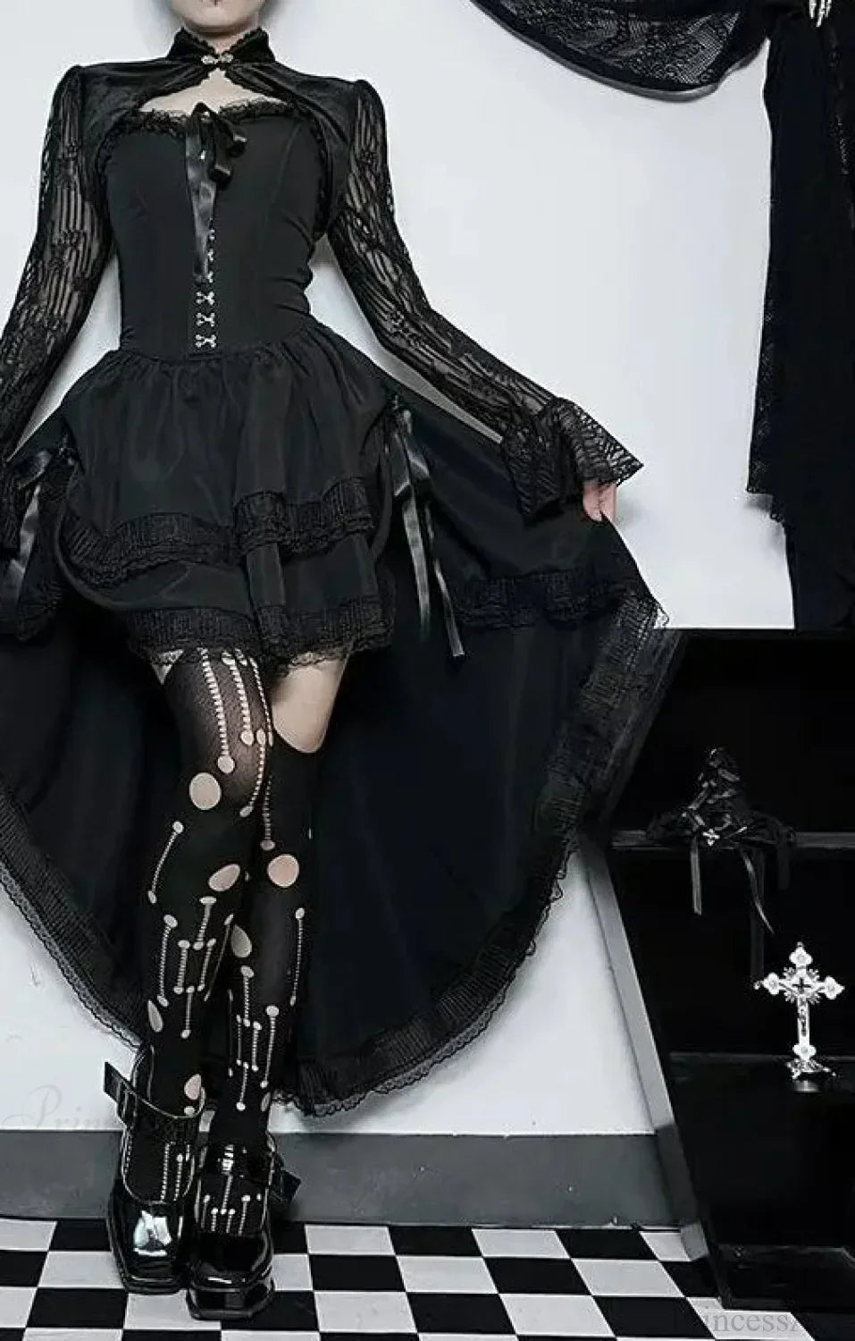 Uneven Folded Lace Black Midi Dress