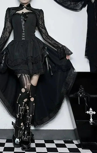 Uneven Folded Lace Black Midi Dress