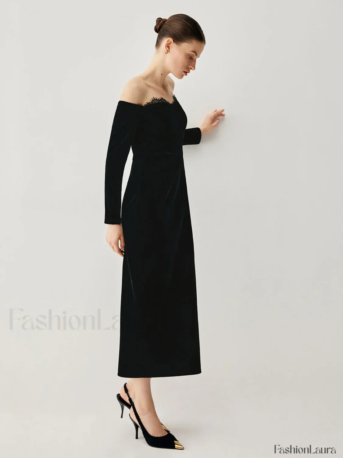 Velvet Off-shoulder Patchwork Trendy Slit Midi Dress