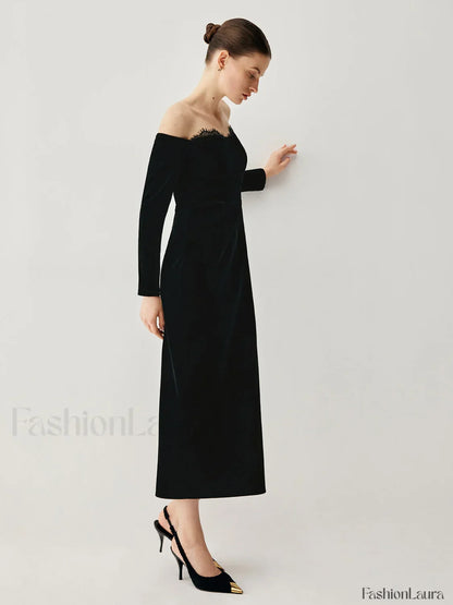 Velvet Off-shoulder Patchwork Trendy Slit Midi Dress