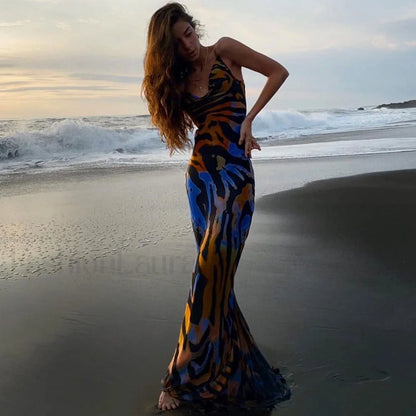 Vintage Style Striped Printed Cowl Neck Slip Maxi Dress - Black
