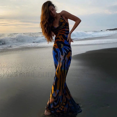 Vintage Style Striped Printed Cowl Neck Slip Maxi Dress - Black