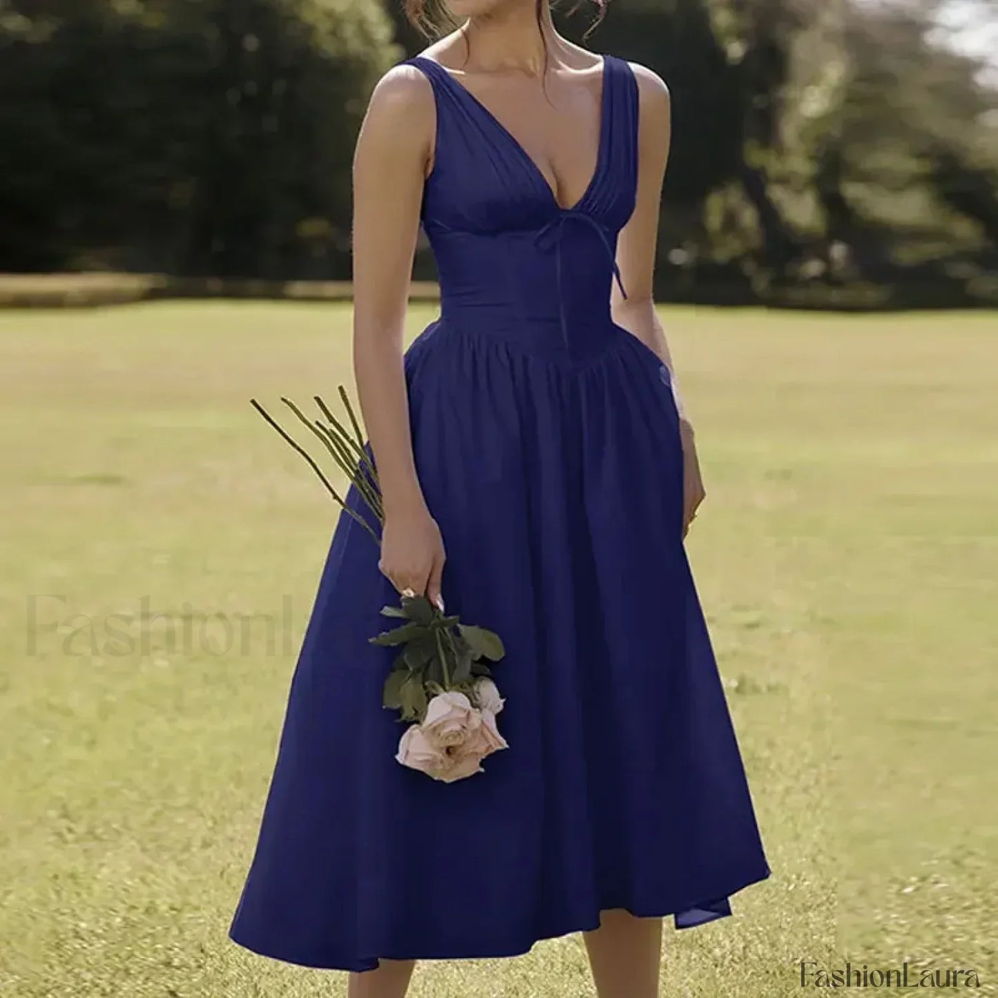 White Floral V-Neck Midi Dress