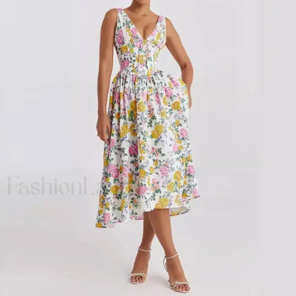 White Floral V-Neck Midi Dress