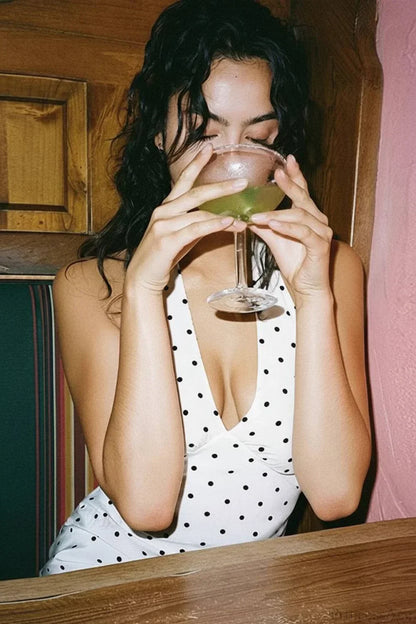 White Polka Dot Halter V-Neck Maxi Dress