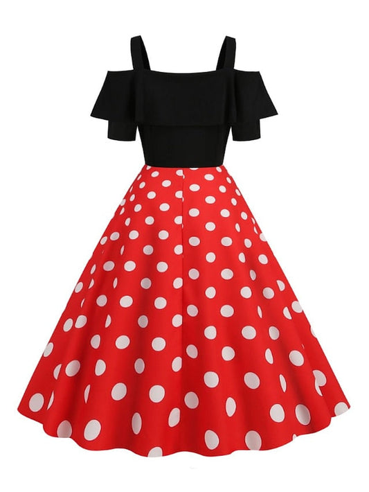 1950s Vintage Vintage Dress Midi Dress Holiday Date Ruched Print Polka Dot Spaghetti Strap Short Sleeve Regular Fit Summer Spring  Black Yellow S M L XL for Women