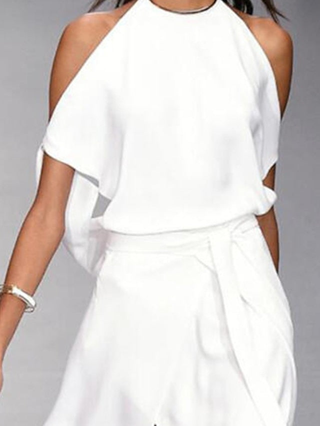 A Line Dress Midi Dress White Black Gray Sleeveless Pure Color Split Spring Summer cold shoulder Personalized Stylish Elegant Loose  S M L XL XXL for Women