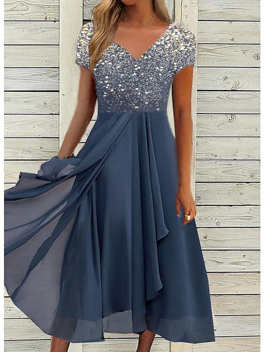 A Line Dress Chiffon Dress Midi Dress Navy Blue Short Sleeve Color Gradient Patchwork Spring Summer V Neck Stylish Elegant Party  S M L XL XXL 3XL / Party Dress for Women